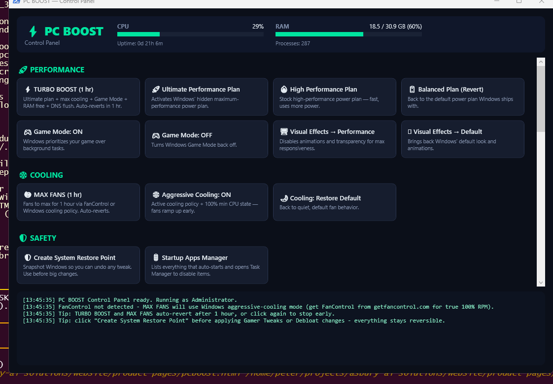 PCBoost Control Panel showing Turbo Boost, power plans, Game Mode, Max Fans, aggressive cooling, and system restore controls with live CPU and RAM meters